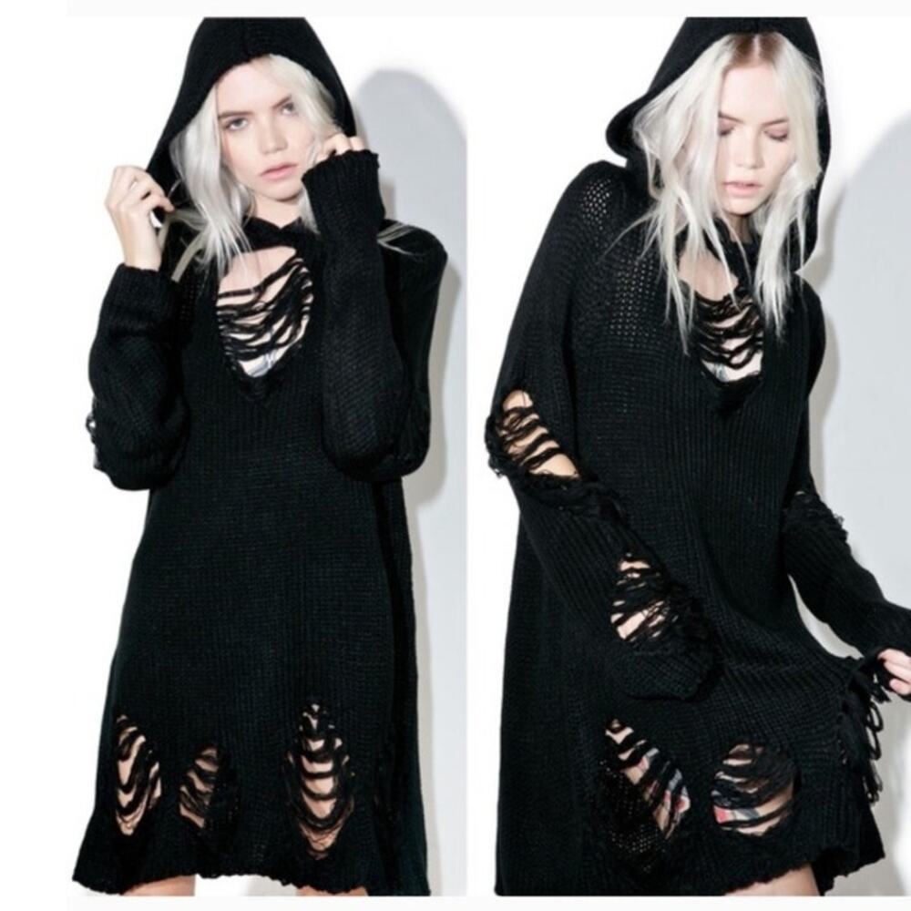Killstar Nu War black chunky knit hoodie long pullover hooded sweater goth emo